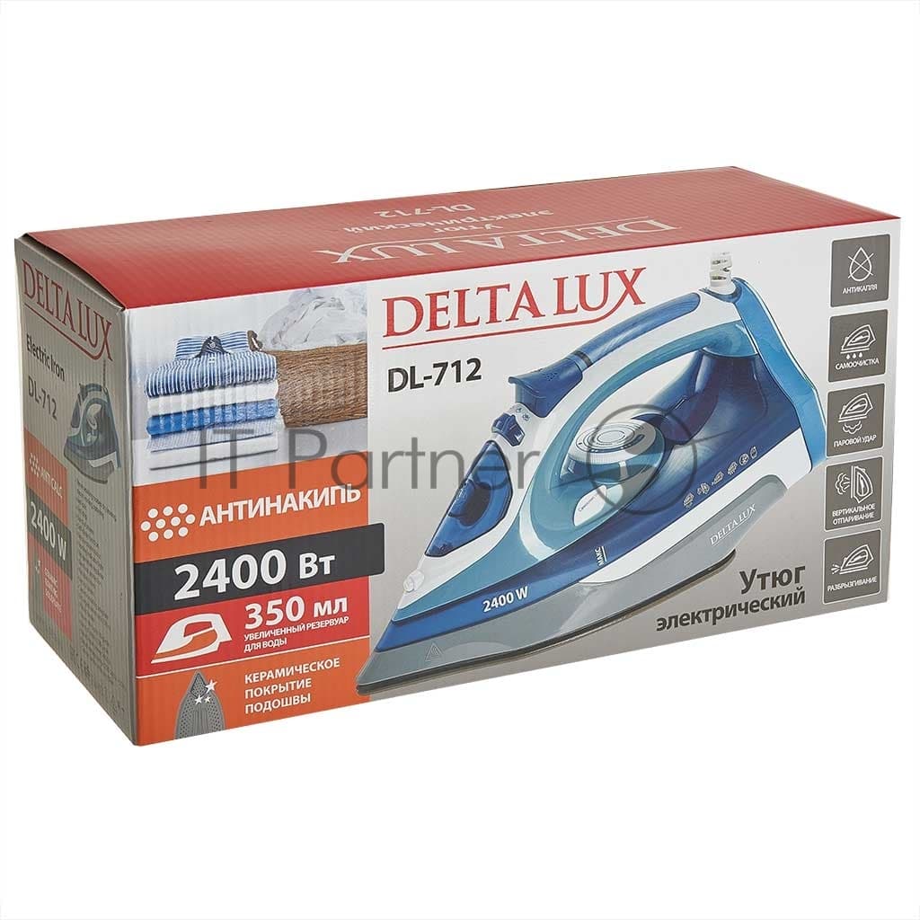 Delta Утюг Delta LUX DL-712 белый с серо-голубым, 2400 Вт, 30 г/мин, 150 г/мин, 350 мл