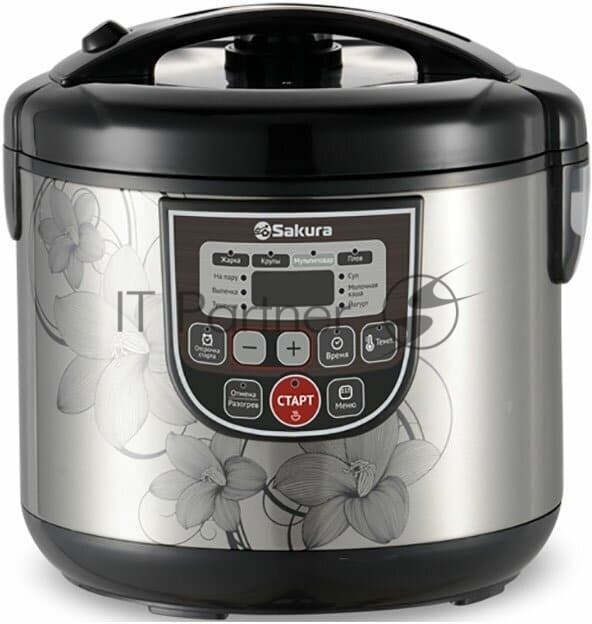 Sakura Мультиварка Sakura SA-7753B 5 л, 800 Вт, функция "Мультиповар", 10 автоматических и 27 программ ручной настройки, LED дисплей, отсрочка старта до 24 часов, функция поддержания температуры до 24 часов, в комплекте 4 аксессуара (мерный стакан, черпак, ложка и контейнер для приготовления
