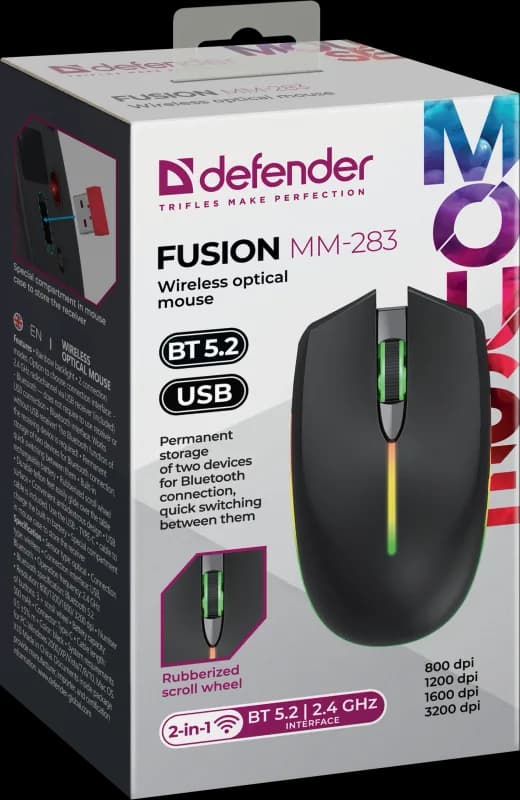 Мышь беспроводная DEFENDER Fusion MM-283, черный, 4кн, 2.4G+BT, 500мАч, радуж, USB [52283] — фото 5