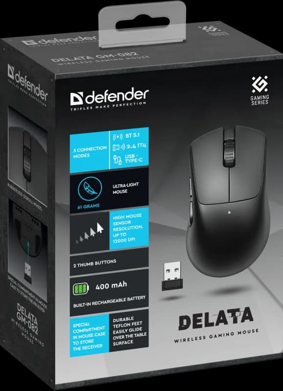 Мышь беспроводная DEFENDER Delata GM-082 черный, 3в1, 12000dpi, 400мАч, USB [52082] — фото 5