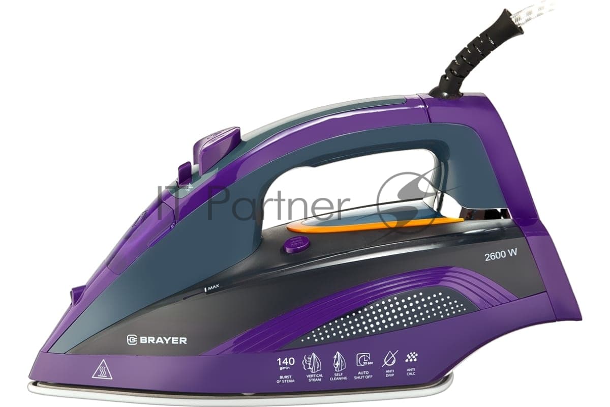 BRAYER Утюг BRAYER BR4001 фиолетовый/серый, 2600 Вт, 25 г/мин, 140 г/мин, 360 мл