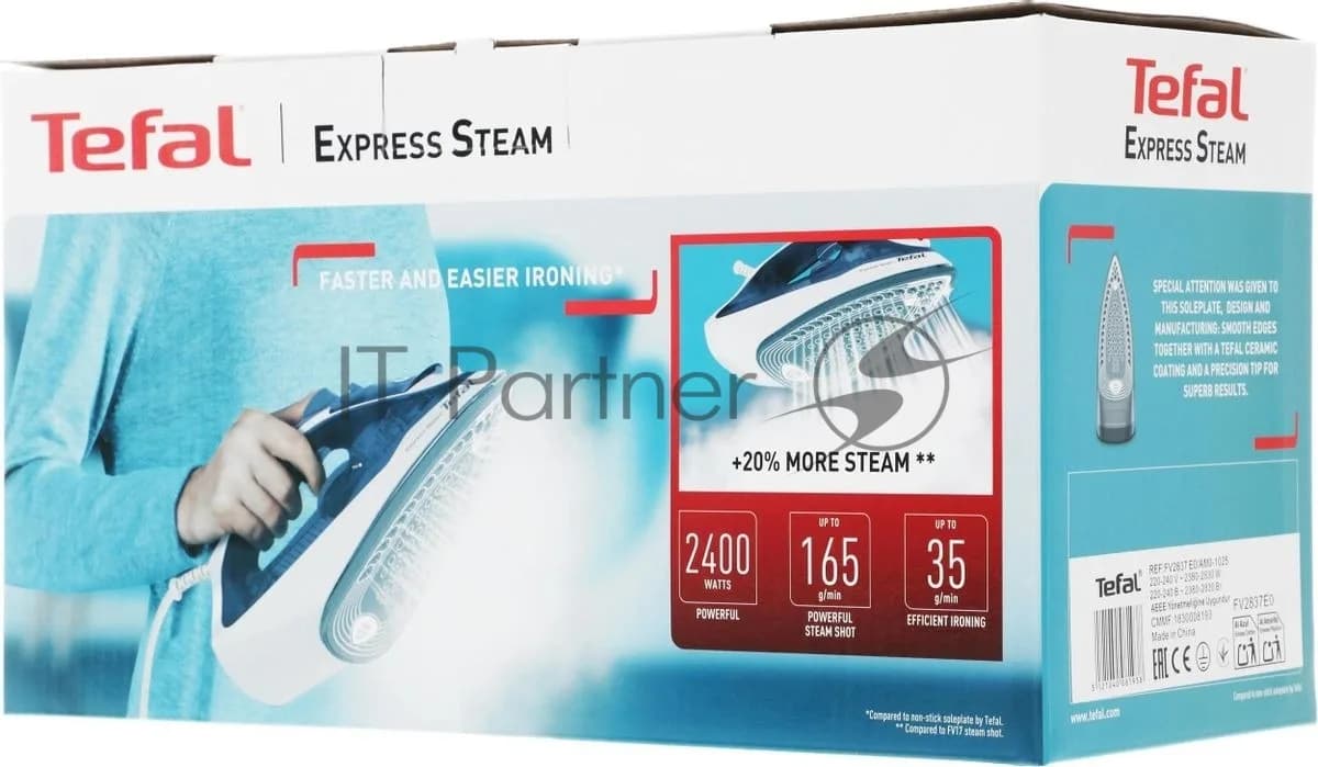 Tefal Утюг Tefal FV2837E0 синий/белый, 2400 Вт, 35 г/мин, 165 г/мин, 270 мл