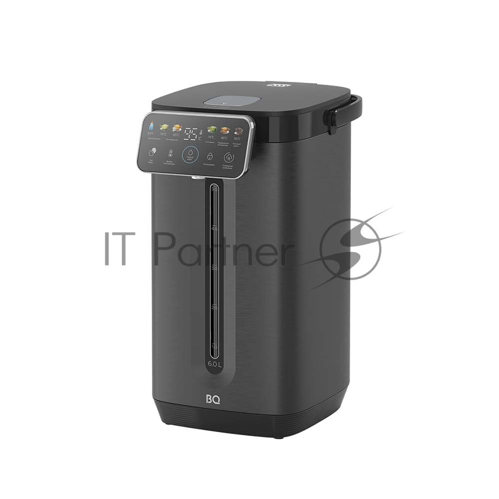 BQ Термопот BQ TP6001 Black, мощность 1800 Вт, объем 6 л, сенсорный тип управления, 6 температурных режимов (45-95°C, с шагом 10°С), функция повторного кипячения, функция поддержания температуры, способы подачи воды - электрическая помпа, индикатор уровня воды, автоотключение при недостаточном количестве воды, блокировка подачи воды, защита от перегрева, дисплей LED, съемная крышка, ручка для переноски, материал корпуса - металл, пластик, материал внутренней камеры - высококачественная нержавеющ