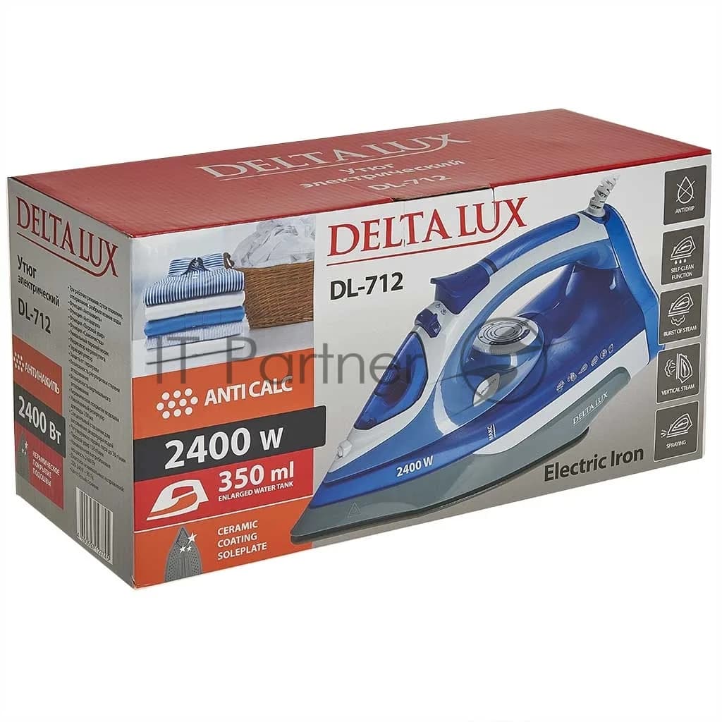 Delta Утюг Delta LUX DL-712 белый с синим, 2400 Вт, 30 г/мин, 150 г/мин, 350 мл