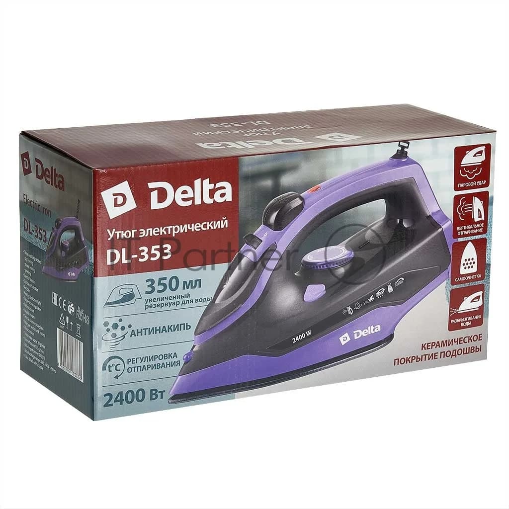 Delta Утюг Delta DL-353 черный с фиолетовым, 2400 Вт, 28 г/мин, 135 г/мин, 350 мл