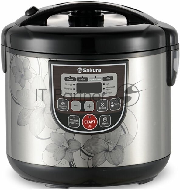 Sakura Мультиварка Sakura SA-7753B 5 л, 800 Вт, функция "Мультиповар", 10 автоматических и 27 программ ручной настройки, LED дисплей, отсрочка старта до 24 часов, функция поддержания температуры до 24 часов, в комплекте 4 аксессуара (мерный стакан, черпак, ложка и контейнер для приготовления