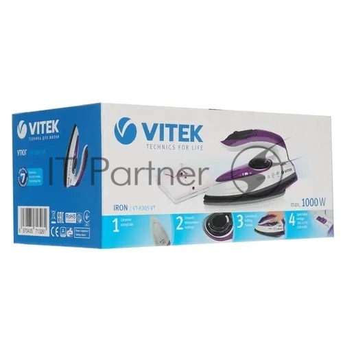 Vitek Утюг дорожный Vitek VT-8305 белый/фиолетовый, 1000 Вт, 30 г/мин, 45 г/мин, 70 мл